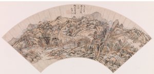 Fã retratando uma paisagem montanhosa (tinta no papel) de Chinese School