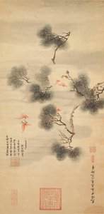 Cinco morcegos em meio a um galho de pinheiro, 1844 de Chinese School
