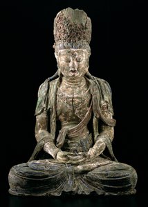 Grande bodhisattva sentado em meditação, dinastia Jin (1115-1234) (madeira e pigmento) (ver 206545)