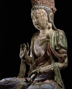 Grande bodhisattva sentado com as mãos levantadas, dinastia Jin (1115-1234) (madeira e pigmento) (detalhe) (ver 206546) de Chinese School