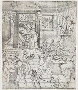 Lázaro na Casa do Homem Rico, prato de Giulio Alenis Tianzhu jiangsheng zhuxiang jingjie (Uma História Ilustrada do Senhor do Céu que se tornou Encarnado na Carne), Igreja Jinjiang, Fu de Chinese School