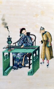 Homem com uma longa cítara em uma mesa, com um servo de Chinese School