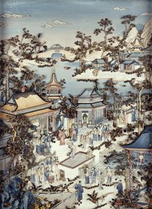 Painel representando um dignitário com assistentes assistindo uma dançarina feminina, período Qianlong, 1736-95 (um de um par) (marfim policromado) (ver 206572) de Chinese School