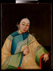 Retrato, de, um, senhora corte, assentado, meio comprimento, em, um, robe bordado, segurando uma flor, meio século XIX de Chinese School