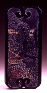 Bolo de tinta retangular com cena de paisagem e poema imperial no reverso, marca e selo da oficina da família de Hu Kai-Wen, dinastia Ching 1644-1912, Hui-chou, Anhui, 1774 (tinta entalhada e dourada)