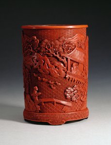 Escova moldada em vermelho, representando o famoso calígrafo Wang Hsi-chih (c.307-365 dC) sentado em seu retiro no pavilhão, olhando para os gansos em uma lagoa e um menino cruzando uma ponte, a dinastia Ching, Qianlon