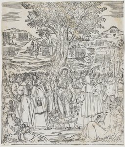 Pregação de São João Batista, prato de Giulio Alenis Tianzhu jiangsheng zhuxiang jingjie (Uma História Ilustrada do Senhor do Céu que se tornou Encarnado na Carne), Igreja Jinjiang, Fujian de Chinese School
