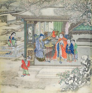 Cena em um jardim com uma família recebendo visitantes (guache em seda) de Chinese School