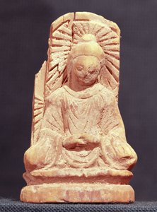Buda sentado em meditação, de Tumshuq (Xinjiang) do 4º ao 5º século (madeira) de Chinese School
