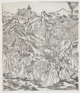 A Adoração de Cristo, prato de Giulio Alenis Tianzhu jiangsheng zhuxiang jingjie (Uma História Ilustrada do Senhor do Céu que se tornou Encarnado na Carne), Igreja Jinjiang, Província de Fujian de Chinese School