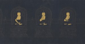 Os Sete Budas do Passado, possivelmente a dinastia Ming (pigmento dourado e branco sobre papel azul escuro)