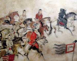 Túmulo do Príncipe Zhanghuai, cena de caça com cavalos, Xian, período Han, 706 (mural) de Chinese School