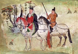 Dois Cavaleiros em uma Paisagem ou, O Boddhisatva e seu Equerry, Período Tang (pedra pintada) de Chinese School