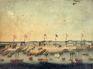 Vista dos Hongs em Canton com as fábricas dinamarquesas, austríacas, americanas, suecas, britânicas e holandesas (óleo sobre cobre) de Chinese School