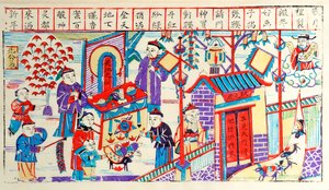 Impressão de xilogravura mostrando a atividade de uma casa chinesa durante um festival (xilogravura em papel) de Chinese School
