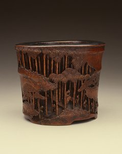 Grande pincel com os Sete Sábios do Bosque de Bambu em suas atividades literárias dentro de uma floresta de bambu, período Kang-hsi (1662-1722), dinastia Ching (bambu entalhado)