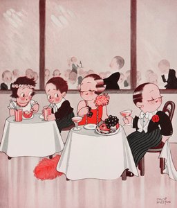 Ratos da cidade e ratos do campo, Cidadãos refinados vs. homens do campo não refinados, cena de restaurante, desenho de Chloe Preston (1887-1969) extraído de The Tatler, n.º 1384, 4 de janeiro de Chloe Preston