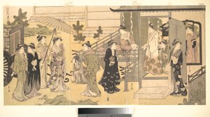 Uma cena disfarçada de O Conto de Genji (Fūryū Yatsushi Genji), capítulo 33, «Folhas de glicínia (Fuji no uraba)» de Chobunsai Eishi
