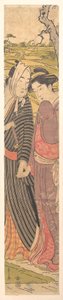 Ein Mann und ein Mädchen gehen in den Reisfeldern de Chobunsai Eishi