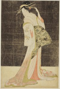 Uma Seleção de Beleza dos Bairros de Prazer (Seiro bijin awase): Cortesãs contratadas para as festas de fim de ano - Takigawa do Ogiya, c.1794 (xilogravura a cores; oban)