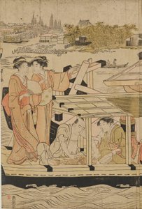 A refrescar-se em barcos junto à ponte Ōhashi de Chobunsai Eishi