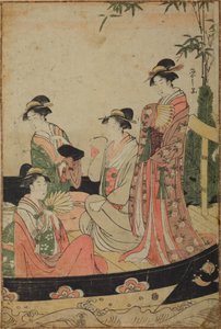 Quatro mulheres num barco durante um passeio de Ano Novo de Chobunsai Eishi