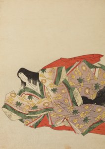 Dama da corte sentada com uma veste violeta-clara de padrão verde e amarelo, prancha do álbum: Nishiki-zuri onna sanju rokkasen e-zukushi de Chobunsai Eishi