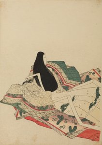 Dama da corte sentada, vista de três quartos por trás, prancha do álbum: Nishiki-zuri onna sanju rokkasen e-zukushi de Chobunsai Eishi
