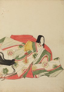 Dama da corte sentada com um leque amarelo, prancha do álbum: Nishiki-zuri onna sanju rokkasen e-zukushi de Chobunsai Eishi