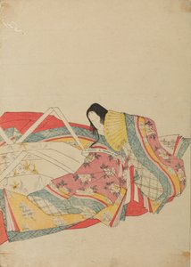 Dama da corte sentada com leque amarelo, prancha do álbum: Trinta e seis poetisas / Nishiki-zuri onna sanju rokkasen e-zukushi de Chobunsai Eishi