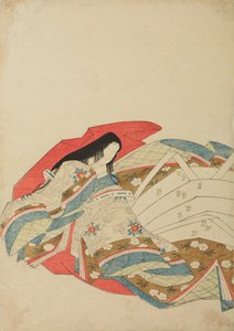 Dama da corte sentada, virada para a esquerda, prancha do álbum: Nishiki-zuri onna sanju rokkasen e-zukushi de Chobunsai Eishi