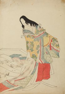 Dama da corte de pé com leque, prancha do álbum: Nishiki-zuri onna sanju e-zukushi de Chobunsai Eishi
