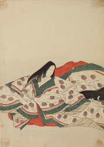 Dama da corte em quimono branco com padrão de patinhos na água, prancha do álbum: Nishiki-zuri onna sanju rokkasen e-zukushi de Chobunsai Eishi