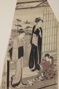 Duas mulheres e uma menina com um gatinho à porta de uma casa de Chobunsai Eishi