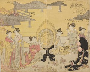 Grupo de mulheres com instrumentos musicais, da série Furyu yatsushi Genji de Chobunsai Eishi