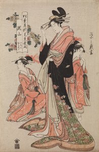 A oiran Seyama da casa Matsuba-ya com as suas kamuro Iroka e Yukari, da série: Cerimónia de abertura da nova casa Matsuba-ya de Chobunsai Eishi