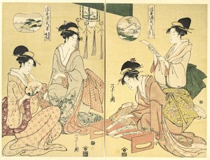 Evocador de espíritos; gansos selvagens a regressar a casa (Maboroshi; Rakugan) (à direita) e um fino véu de nuvens; tempo a abrir (Usugumo; Seiran) (à esquerda), da série Oito vistas do Conto de Genji no mundo flutuante (Ukiyo Genji hakkei) de Chobunsai Eishi