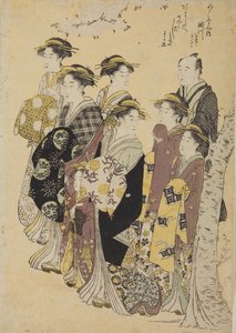 Seis oiran a passear com uma menina e um homem de Chobunsai Eishi