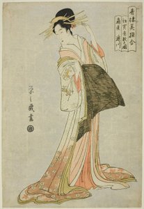 Takigawa do Ogiya na Primeira Venda do Ano Novo (Hatsu uri zashiki no zu), da série "Uma Comparação de Belezas Selecionadas dos Bairros do Prazer (Seiro bisen awase)"