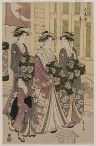 A cortesã Kisagata de Ohishiya passeando à noite com dois Shinzo e um Kamuro, c. 1790