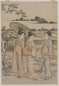 Três mulheres passeando no campo, em meados da década de 1780.