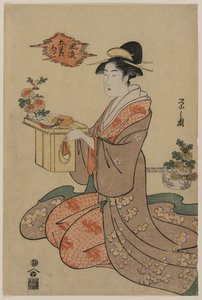 Mulher segurando um suporte de copo de madeira decorado com crisântemos (da série Imagens elegantes dos cinco festivais sazonais) de Chobunsai Eishi