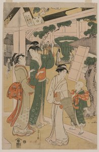 Mulheres visitando uma barraca de chá nos arredores de um templo de Chobunsai Eishi