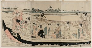 Mulheres em um barco de recreio no rio Sumida, início dos anos 1790. de Chobunsai Eishi