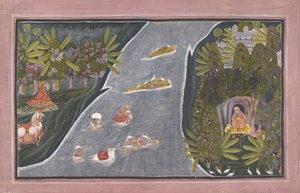 Radha atravessa um rio para entrevistar um sábio hindu, ca. 1820