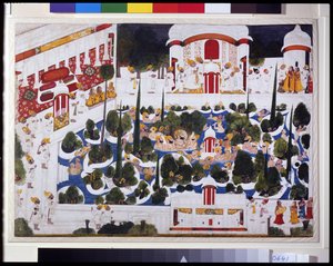 Maharana Bhim Singh brinca com fidalgos na piscina do palácio de Chokha Chokha