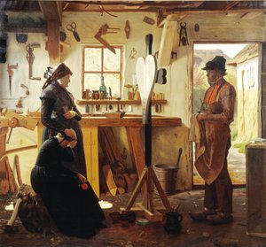 Duas mulheres visitam o artista da aldeia para ver a cruz de sepultura encomendada de Christen Dalsgaard