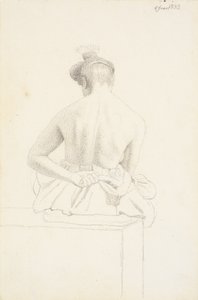 Modelo feminino sentado visto por trás