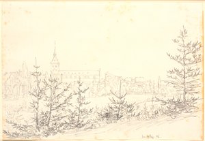 Igreja de St. Knud em Odense vista do pântano dos monges de Christen Købke