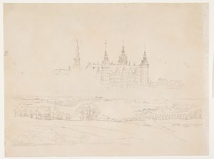 Estudo para "Paisagem de outono" de Glyptoteket. Castelo de Frederiksborg no meio termo de Christen Købke